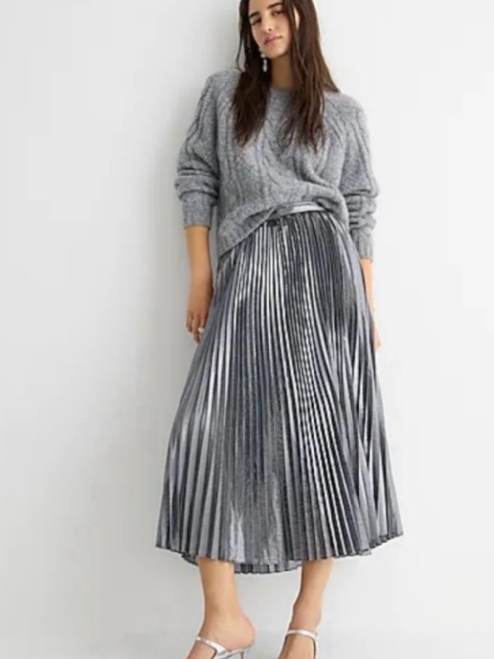 J. Crew Silver Metallic Pleated Midi Skirt